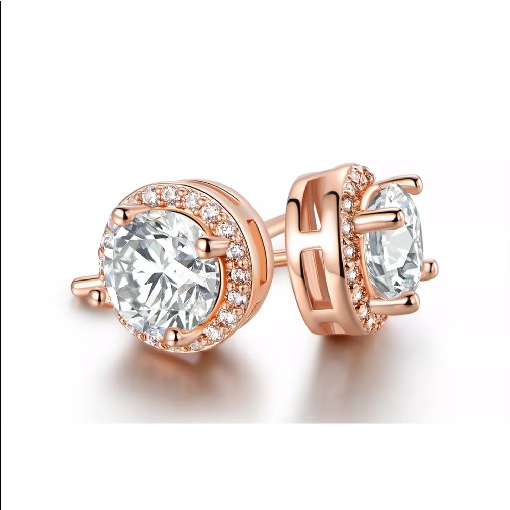 18K Rose Gold Plated Round Halo CZ Stud Earrings